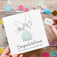 Load image into Gallery viewer, Personalised New Baby Card, New Baby Boy, Welcome to The World, Congratulations New Parents, Personalised Gift, Baby and Parent Hands Design