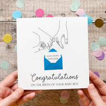 Load image into Gallery viewer, Personalised New Baby Card, New Baby Boy, Welcome to The World, Congratulations New Parents, Personalised Gift, Baby and Parent Hands Design