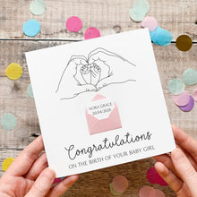 Load image into Gallery viewer, Personalised New Baby Card, New Baby Girl, Welcome to The World, Congratulations New Parents, Personalised Gift, Baby Feet Design
