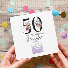 Load image into Gallery viewer, 50th Birthday Card, Personalised Card for Her, Any Name and Age, Personalised Gift, Birthday Card With Flowers, 3D Card, Card for Woman