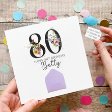 Load image into Gallery viewer, 80th Birthday Card, Personalised Card for Her, Any Name and Age, Personalised Gift, Birthday Card With Flowers, 3D Card, Card for Woman