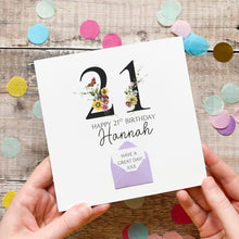 Load image into Gallery viewer, 21st Birthday Card, Personalised Card for Her, Any Name and Age, Personalised Gift, Birthday Card With Flowers, 3D Card, Card for Woman