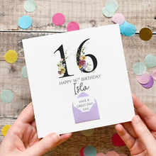 Load image into Gallery viewer, 16th Birthday Card, Personalised Card for Her, Any Name and Age, Personalised Gift, Birthday Card With Flowers, 3D Card, Card for Woman