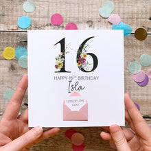 Load image into Gallery viewer, 16th Birthday Card, Personalised Card for Her, Any Name and Age, Personalised Gift, Birthday Card With Flowers, 3D Card, Card for Woman