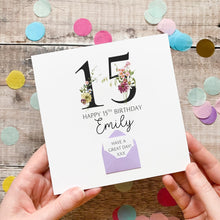 Load image into Gallery viewer, 15th Birthday Card, Personalised Card for Her, Any Name and Age, Personalised Gift, Birthday Card With Flowers, 3D Card, Card for Woman