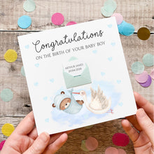 Load image into Gallery viewer, Personalised New Baby Card, New Baby Boy, Welcome to The World, Congratulations New Parents, Personalised Gift, Cute Teddy and Stork Design