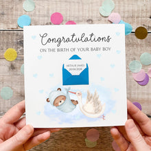 Load image into Gallery viewer, Personalised New Baby Card, New Baby Boy, Welcome to The World, Congratulations New Parents, Personalised Gift, Cute Teddy and Stork Design
