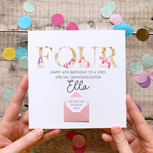 Load image into Gallery viewer, Personalised 4th Birthday Card, Unicorn Card for Granddaughter, Four Years Old, Pink Theme for Girl, Personalised Gift For Daughter