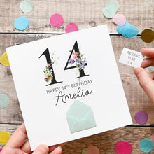 Load image into Gallery viewer, 14th Birthday Card, Personalised Card for Her, Any Name and Age, Personalised Gift, Birthday Card With Flowers, 3D Card, Card for Woman
