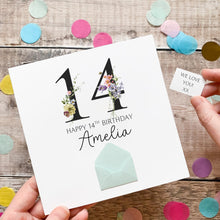 Load image into Gallery viewer, 14th Birthday Card, Personalised Card for Her, Any Name and Age, Personalised Gift, Birthday Card With Flowers, 3D Card, Card for Woman