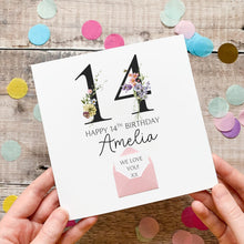Load image into Gallery viewer, 14th Birthday Card, Personalised Card for Her, Any Name and Age, Personalised Gift, Birthday Card With Flowers, 3D Card, Card for Woman