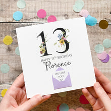Load image into Gallery viewer, 13th Birthday Card, Personalised Card for Her, Any Name and Age, Personalised Gift, Birthday Card With Flowers, 3D Card, Card for Woman