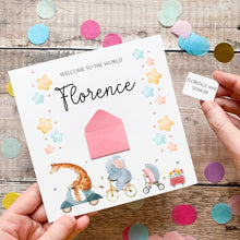 Load image into Gallery viewer, Personalised Baby Girl Card, New Baby, Welcome to The World, Born in 2026, Congratulations New Parents, Baby Daughter, Card for Newborn