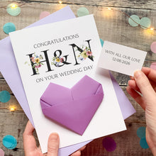 Load image into Gallery viewer, Personalised Wedding Day Card, Origami Heart Hidden Message, Floral Initials, Congratulations Card, Special Couple, Handmade Custom Keepsake