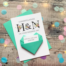 Load image into Gallery viewer, Personalised Wedding Day Card, Origami Heart Hidden Message, Floral Initials, Congratulations Card, Special Couple, Handmade Custom Keepsake