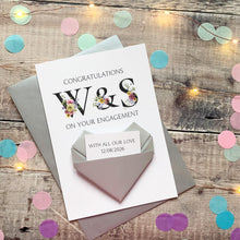 Load image into Gallery viewer, Personalised Engagement Card, Origami Heart Hidden Message, Floral Initials, Congratulations Card, Special Couple, Handmade Custom Keepsake
