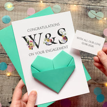 Load image into Gallery viewer, Personalised Engagement Card, Origami Heart Hidden Message, Floral Initials, Congratulations Card, Special Couple, Handmade Custom Keepsake