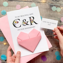 Load image into Gallery viewer, Personalised Wedding Anniversary Card For Wife, Origami Heart Hidden Message, Floral Initials, Handmade Custom Keepsake