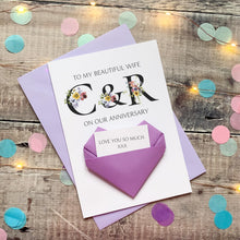 Load image into Gallery viewer, Personalised Wedding Anniversary Card For Wife, Origami Heart Hidden Message, Floral Initials, Handmade Custom Keepsake