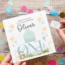 Load image into Gallery viewer, 1st Birthday Card For Grandson, Personalised Animal Birthday Card, For Little Boy, One Year Old, 1 Today, Personalised Gift, Any Age