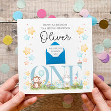 Load image into Gallery viewer, 1st Birthday Card For Grandson, Personalised Animal Birthday Card, For Little Boy, One Year Old, 1 Today, Personalised Gift, Any Age