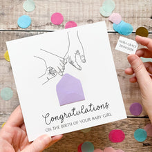 Load image into Gallery viewer, Personalised New Baby Card, New Baby Girl, Welcome to The World, Congratulations New Parents, Personalised Gift, Baby &amp; Parent Hands Design