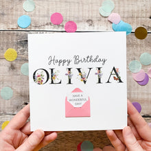 Load image into Gallery viewer, Personalised Name Birthday Card, Simple Floral Card For Her, Personalised Gift, Custom Birthday Card With Flowers, 3D Card