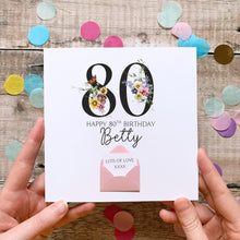 Load image into Gallery viewer, 80th Birthday Card, Personalised Card for Her, Any Name and Age, Personalised Gift, Birthday Card With Flowers, 3D Card, Card for Woman
