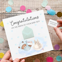 Load image into Gallery viewer, Personalised New Baby Card, New Baby Boy, Welcome to The World, Congratulations New Parents, Personalised Gift, Cute Teddy and Stork Design