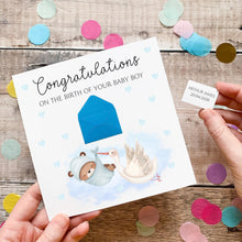 Load image into Gallery viewer, Personalised New Baby Card, New Baby Boy, Welcome to The World, Congratulations New Parents, Personalised Gift, Cute Teddy and Stork Design