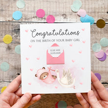 Load image into Gallery viewer, Personalised New Baby Card, New Baby Girl, Welcome to The World, Congratulations New Parents, Personalised Gift, Cute Teddy and Stork Design
