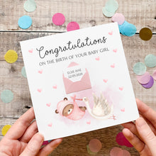 Load image into Gallery viewer, Personalised New Baby Card, New Baby Girl, Welcome to The World, Congratulations New Parents, Personalised Gift, Cute Teddy and Stork Design