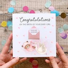 Load image into Gallery viewer, Personalised New Baby Card, New Baby Girl, Welcome to The World, Congratulations New Parents, Personalised Gift, Cute Teddy and Stork Design