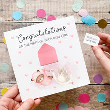 Load image into Gallery viewer, Personalised New Baby Card, New Baby Girl, Welcome to The World, Congratulations New Parents, Personalised Gift, Cute Teddy and Stork Design
