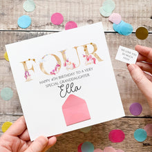 Load image into Gallery viewer, Personalised 4th Birthday Card, Unicorn Card for Granddaughter, Four Years Old, Pink Theme for Girl, Personalised Gift For Daughter