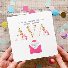Load image into Gallery viewer, Personalised Name Birthday Card, Pink Unicorn Card For Her, Personalised Gift, Custom Birthday Card With Rainbows, 3D Card, Little Girl