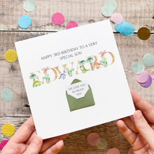 Load image into Gallery viewer, Personalised Name Birthday Card, Dinosaur Card For Him, Personalised Gift, Custom Birthday Card With Dinos, 3D Card, Little Boy