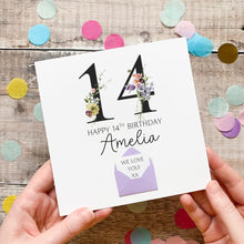 Load image into Gallery viewer, 14th Birthday Card, Personalised Card for Her, Any Name and Age, Personalised Gift, Birthday Card With Flowers, 3D Card, Card for Woman