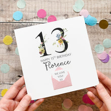 Load image into Gallery viewer, 13th Birthday Card, Personalised Card for Her, Any Name and Age, Personalised Gift, Birthday Card With Flowers, 3D Card, Card for Woman