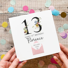 Load image into Gallery viewer, 13th Birthday Card, Personalised Card for Her, Any Name and Age, Personalised Gift, Birthday Card With Flowers, 3D Card, Card for Woman