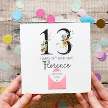 Load image into Gallery viewer, 13th Birthday Card, Personalised Card for Her, Any Name and Age, Personalised Gift, Birthday Card With Flowers, 3D Card, Card for Woman