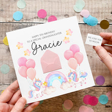 Load image into Gallery viewer, A birthday card for a 5th birthday girl named Gracie, featuring illustrations of a unicorn, a rainbow, and balloons.