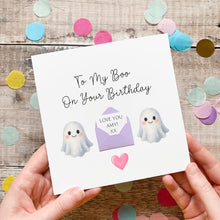 Load image into Gallery viewer, a person holding a birthday card with a ghost illustration and a heart-shaped envelope.