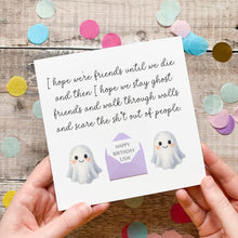 Load image into Gallery viewer, a person holding a birthday card with a ghost illustration and text.
