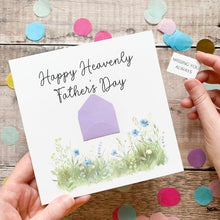 Load image into Gallery viewer, A hand holding a Father's Day card with a purple envelope and a note attached to it, surrounded by colorful confetti on a wooden surface.