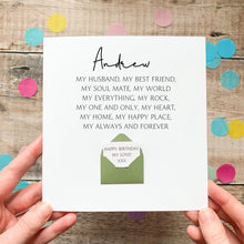 Load image into Gallery viewer, A person is holding a card with a heartfelt message written on it, surrounded by colorful confetti on a wooden surface.
