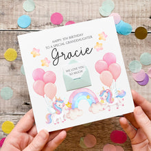 Load image into Gallery viewer, A birthday card for a 5th birthday girl named Gracie, featuring illustrations of a unicorn, balloons, and a rainbow.