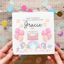 Load image into Gallery viewer, A birthday card for a special granddaughter named Gracie, featuring illustrations of a unicorn, a rainbow, and pink balloons.