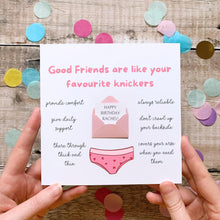 Load image into Gallery viewer, a birthday card with a pink envelope and a pair of underwear with hearts on it, surrounded by colorful confetti on a wooden surface.