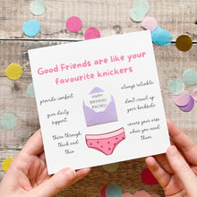 Load image into Gallery viewer, A hand holding a card with text and illustrations, including a pair of underwear and confetti.
